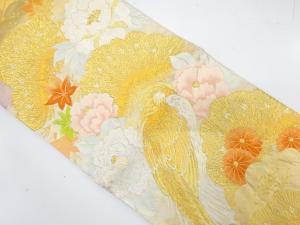 アンティーク　尾長鳥・橋・草花模様織り出し袋帯（着用可）